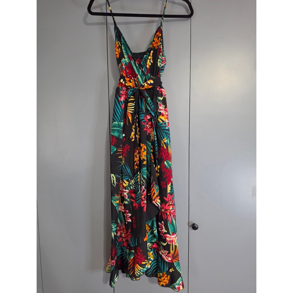 Brand New SHEIN Tropical Floral Maxi Dress Small Black Green Red Ruffle Wrap